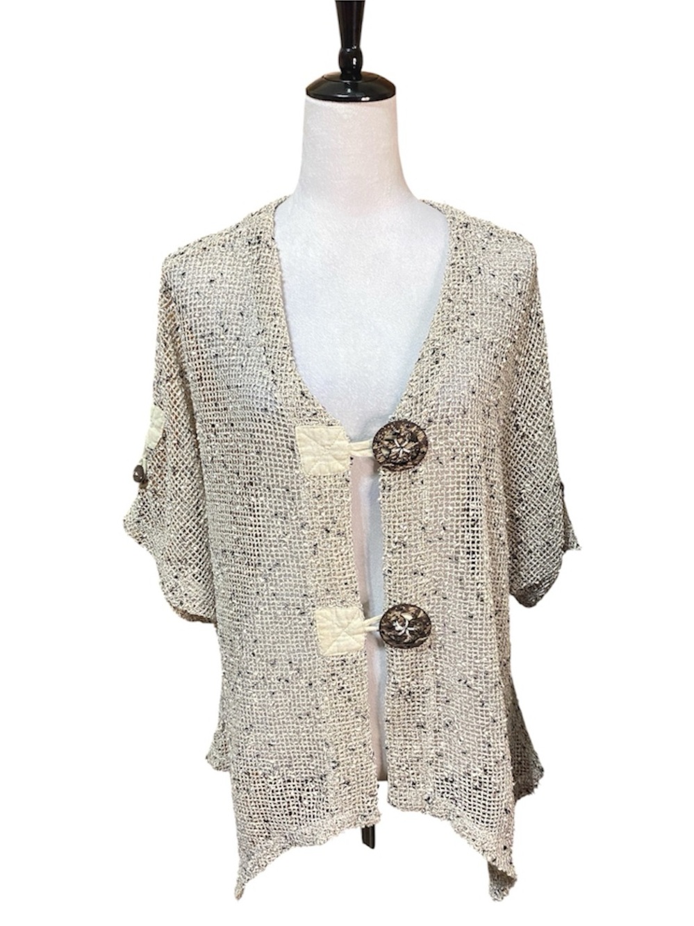 Plus Size Mirror Image Light Beige Open-Weave Buttoned Sweater Cardigan